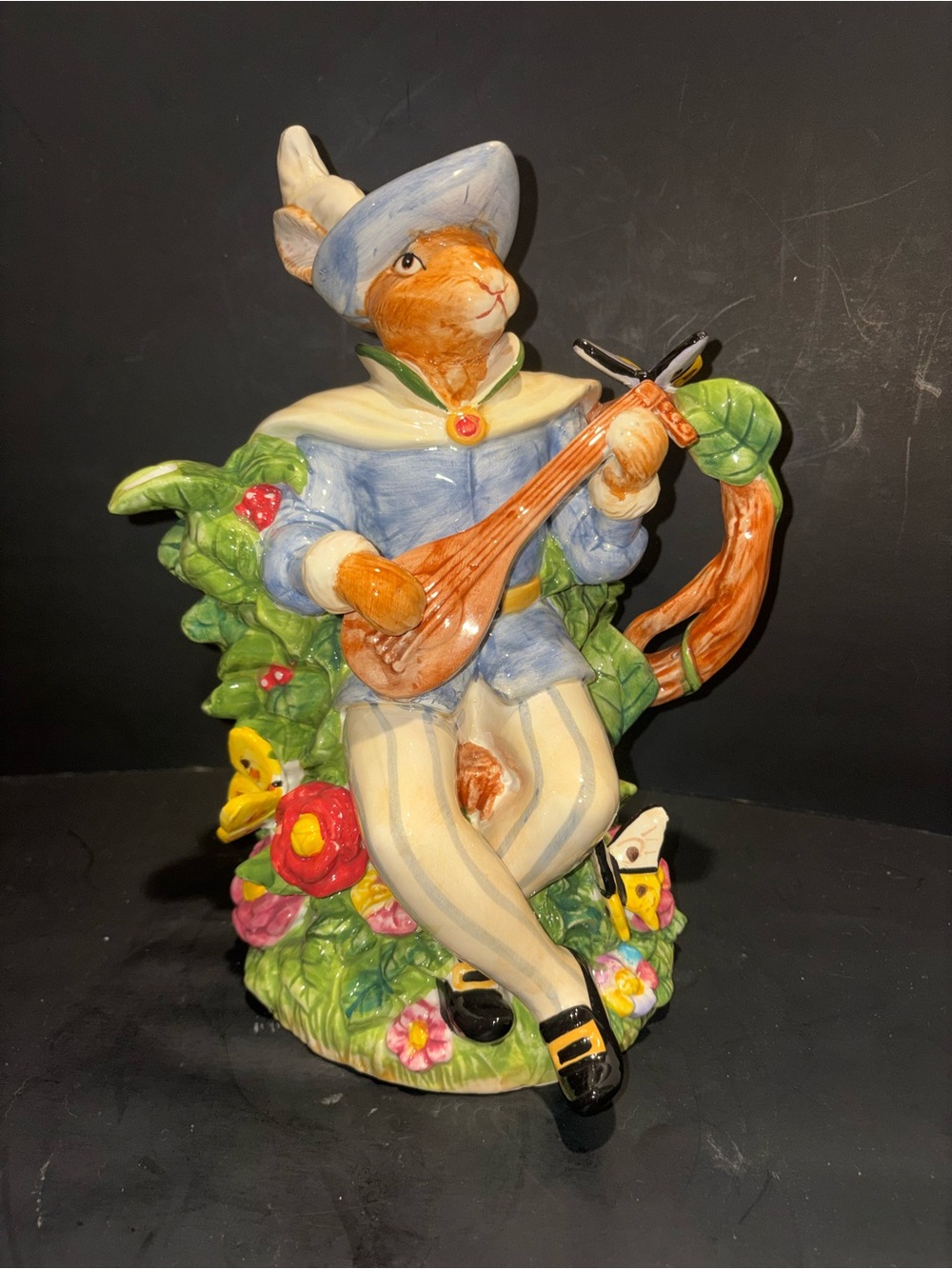 Vintage Hand Painted Floral Ceramic Tea Pitcher Easter Rabbit Troubadour RARE